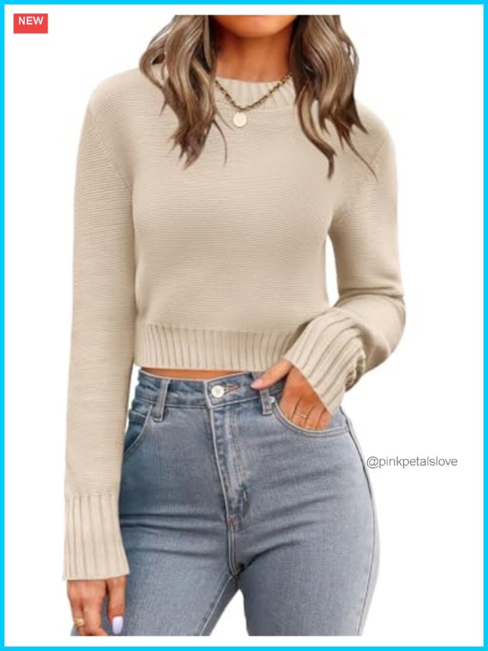 Women's Cropped Crewneck Long Sleeve Knit Sweater Pullover